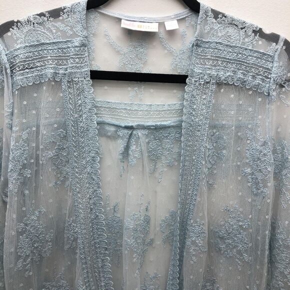 Belle Kim Gravel Lace Womens Small Blue Sheer Embroidered Duster Fairy Boho - Picture 3 of 10